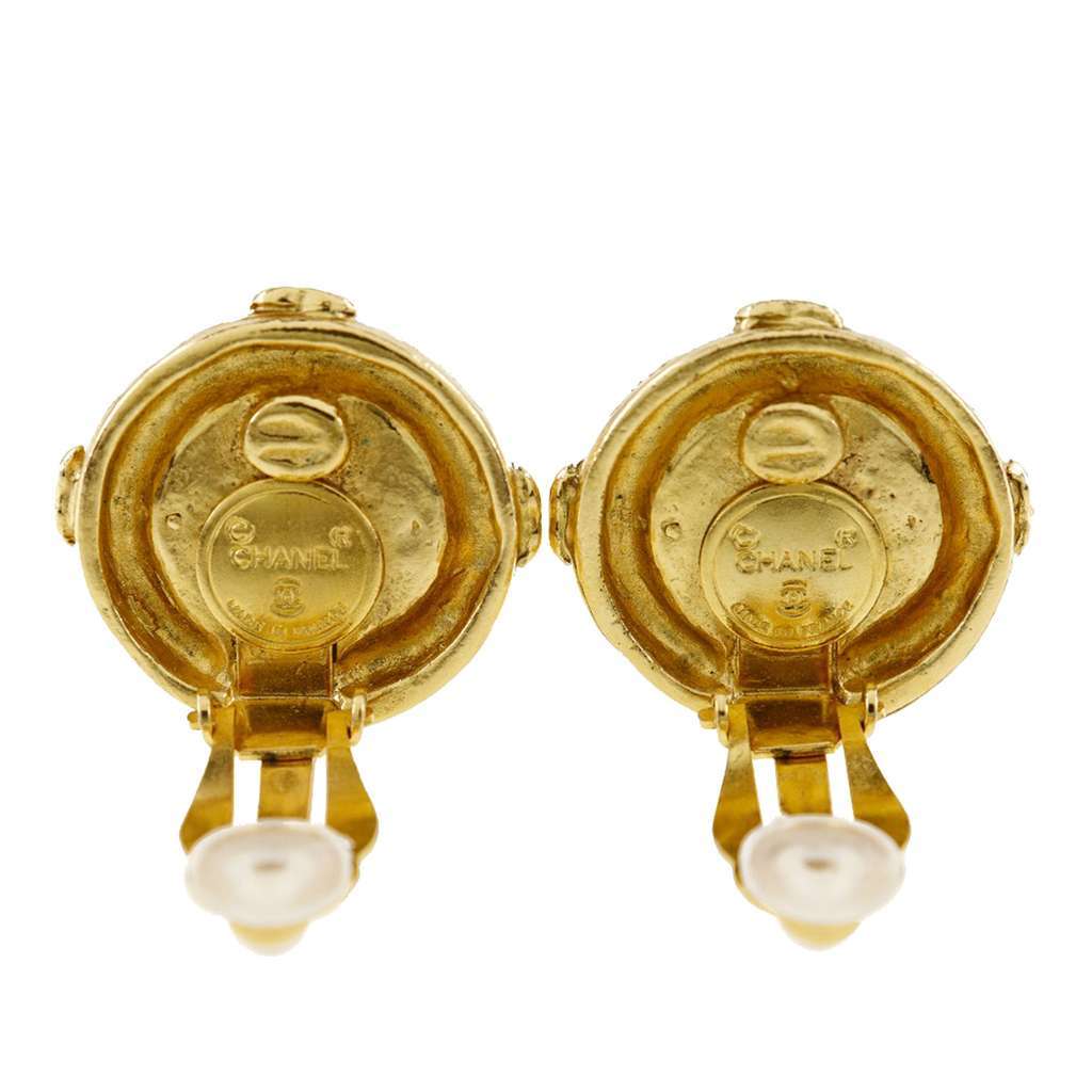 Chanel CC Gold Plated Round Clip On Earrings Gold Metal Very good - Back View