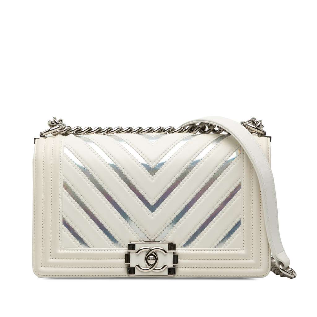 Chanel Old Medium Chevron Lambskin and Iridescent PVC Boy Flap White Leather Very good - Front View