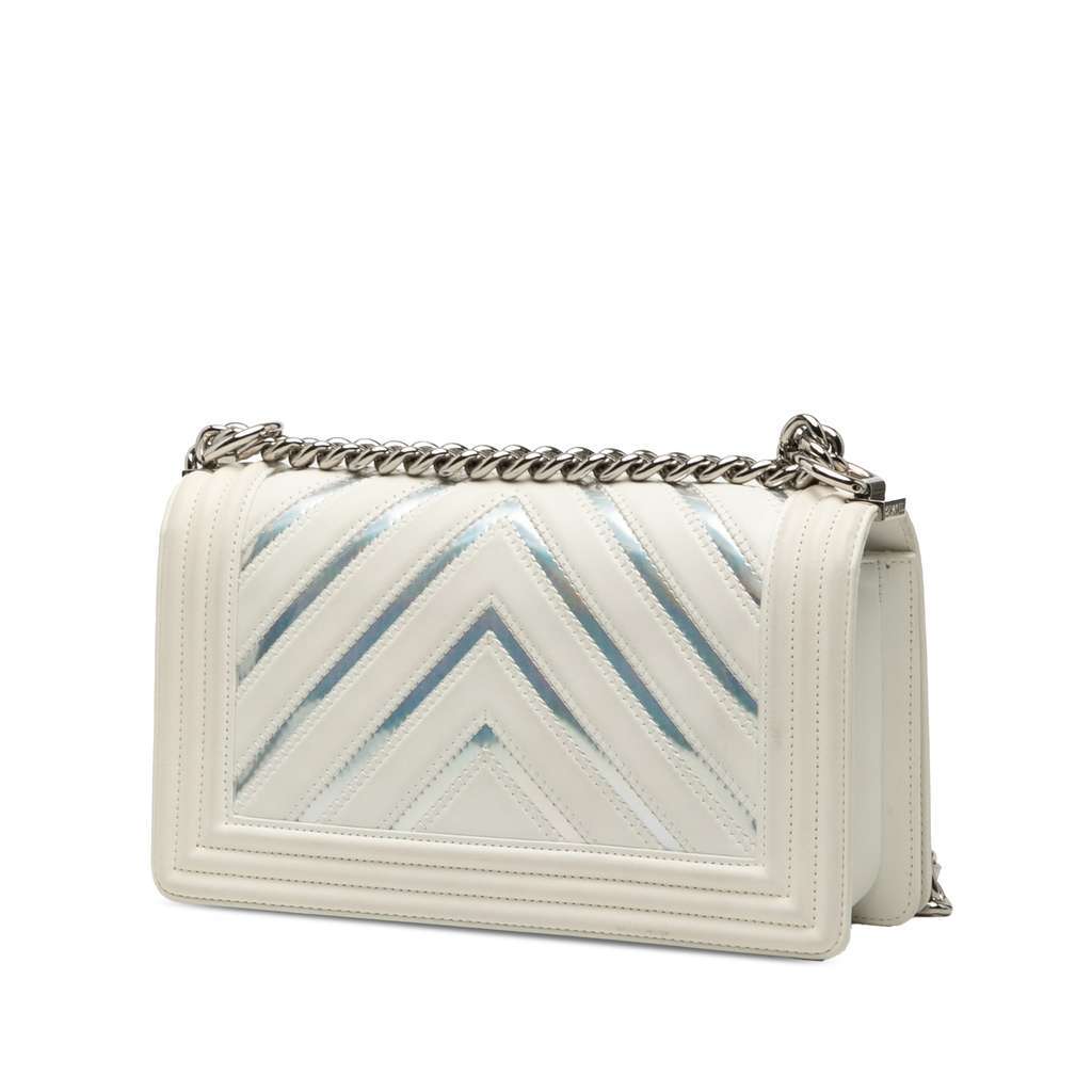 Chanel Old Medium Chevron Lambskin and Iridescent PVC Boy Flap White Leather Very good - Back View