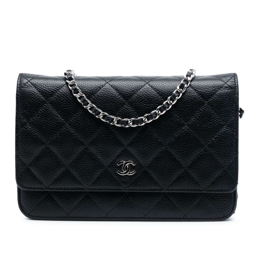 Chanel CC Quilted Caviar Wallet on Chain Black Leather Good - Front View