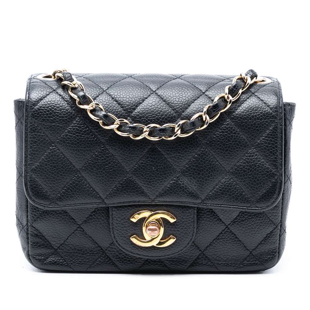 Chanel Mini Square Classic Caviar Single Flap Black Leather Good condition - Front View