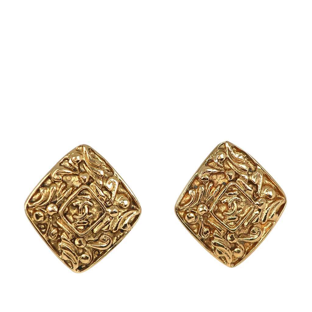 Chanel CC Gold Plated Diamond Clip On Earrings Gold Metal Very good - Front View