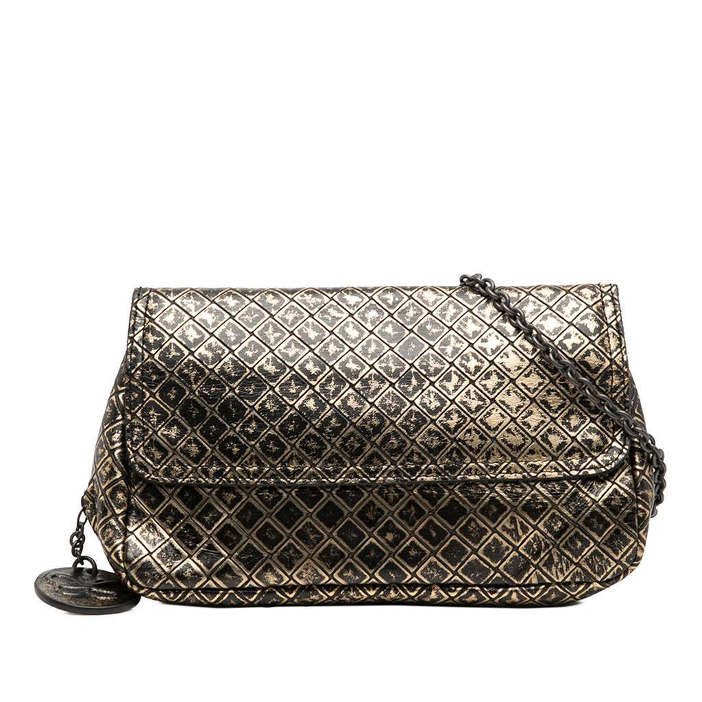Bottega Veneta Metallic Calfskin Intrecciomirage Chain Flap Crossbody Gold Leather Very good - Front View