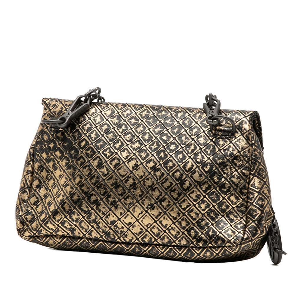 Bottega Veneta Metallic Calfskin Intrecciomirage Chain Flap Crossbody Gold Leather Very good - Back View