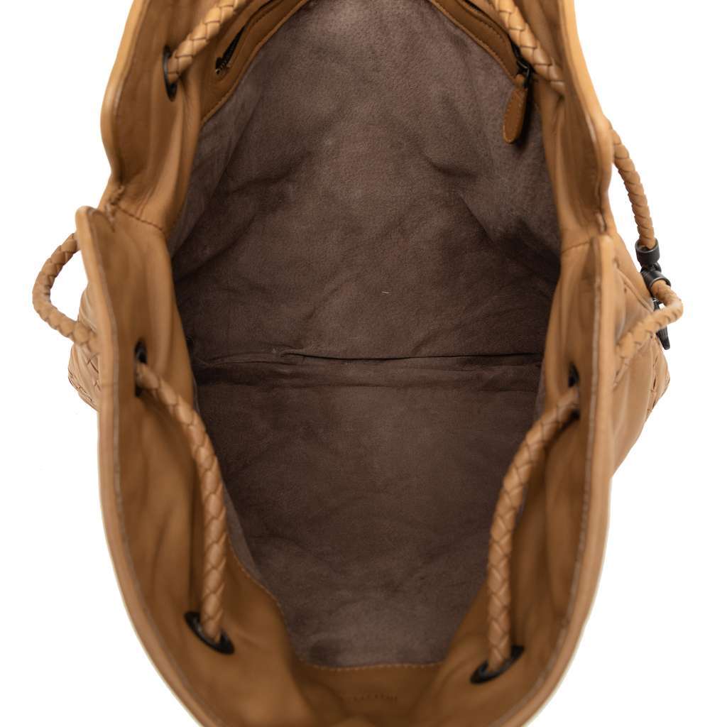 Bottega Veneta Intrecciato Trimmed Leather Croisette Drawstring Tote Brown Leather Very good - Model View