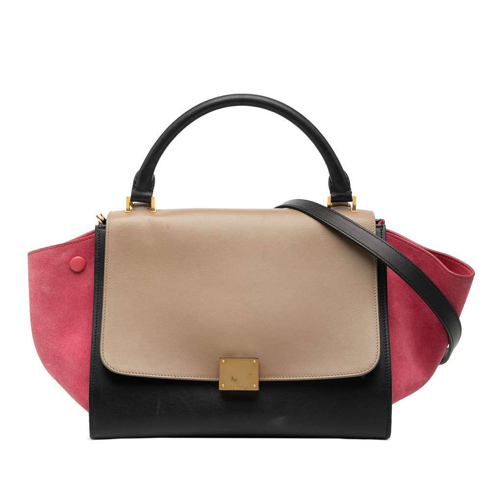Celine Small Tricolor Calfskin and Suede Trapeze Satchel Black Leather Very good - Front View