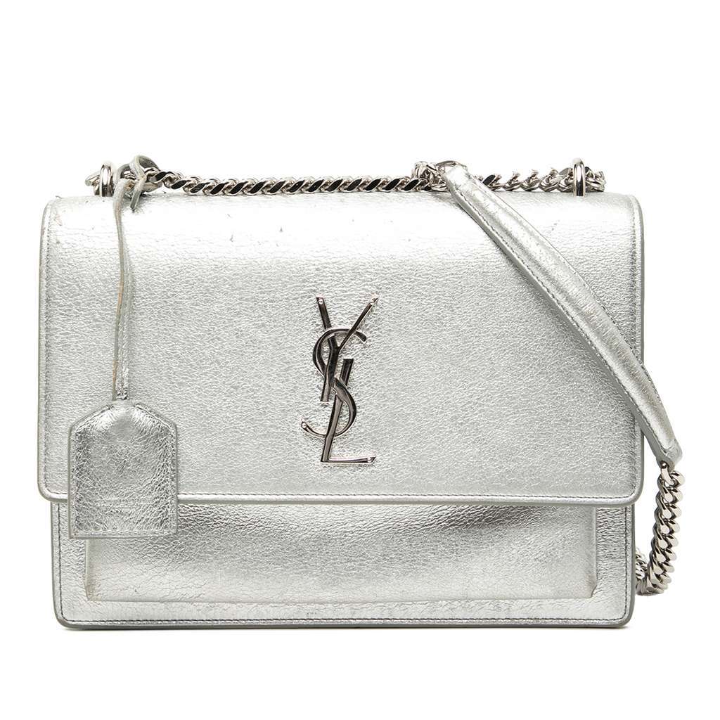 Saint Laurent Medium Metallic Calfskin Monogram Sunset Crossbody Silver Leather Good - Front View
