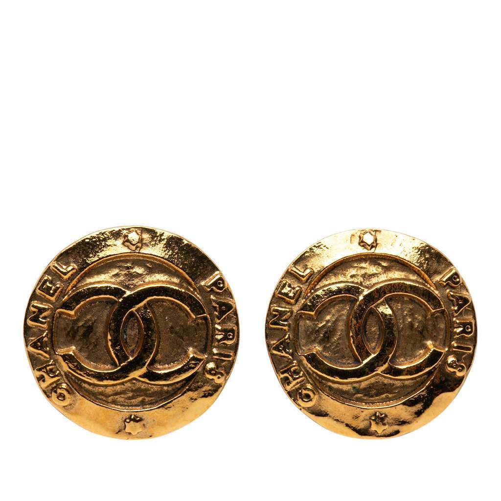 Chanel Gold Plated CC Round Clip On Earrings Gold Metal Very good - Front View