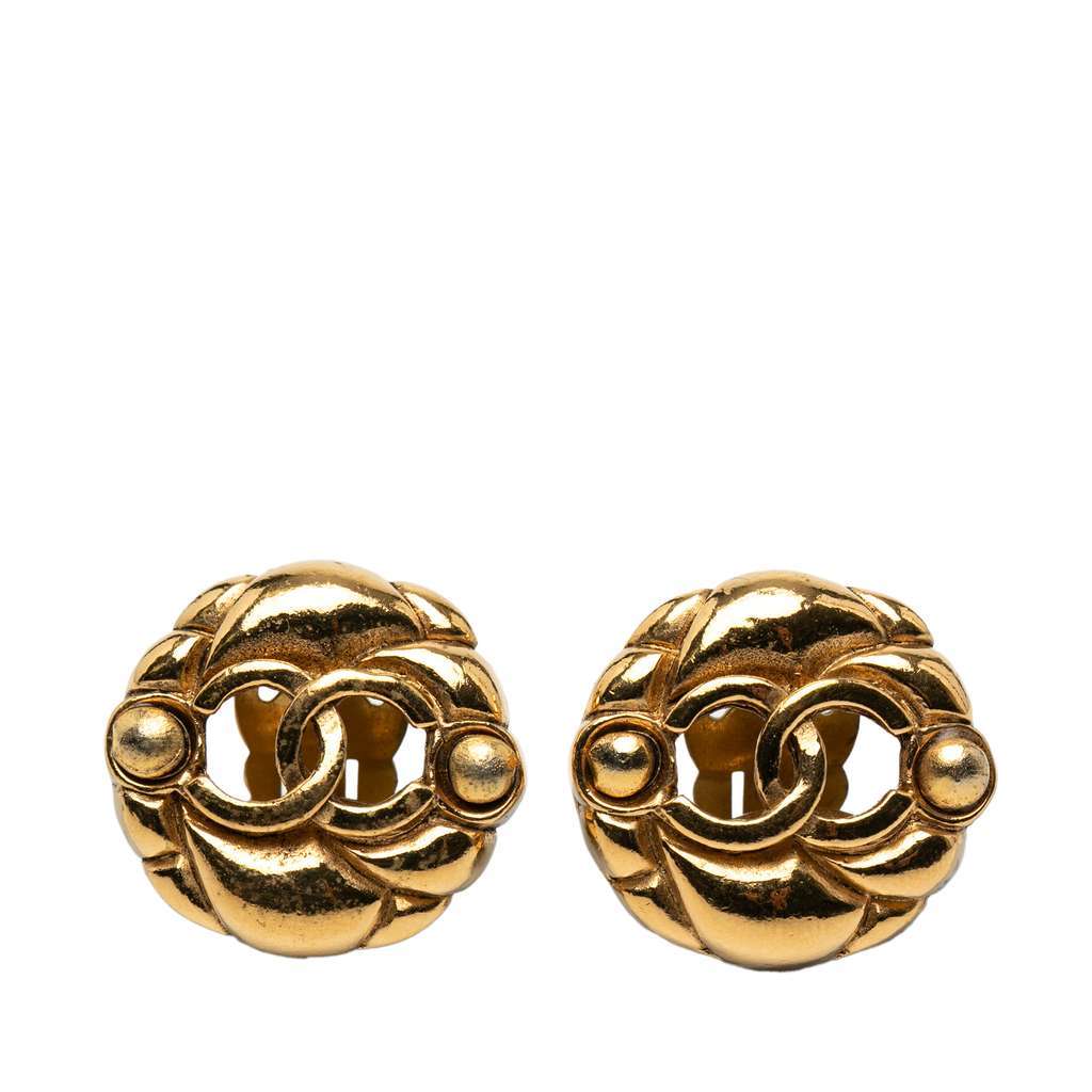 Chanel CC Gold Plated Round Clip On Earrings Gold Metal Very good - Front View