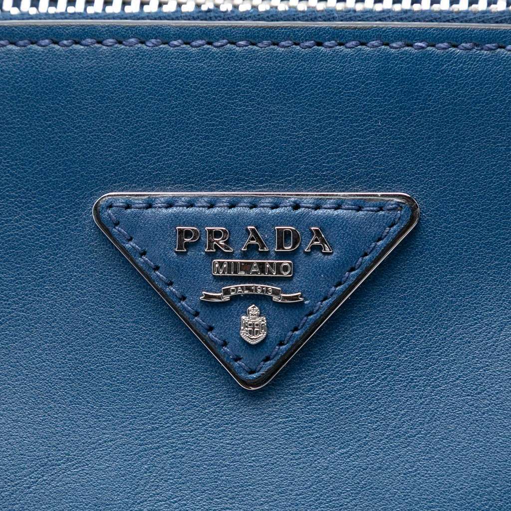 Prada Glace Calf Twin Pocket Double Handle Satchel Blue Leather Good condition - Box View