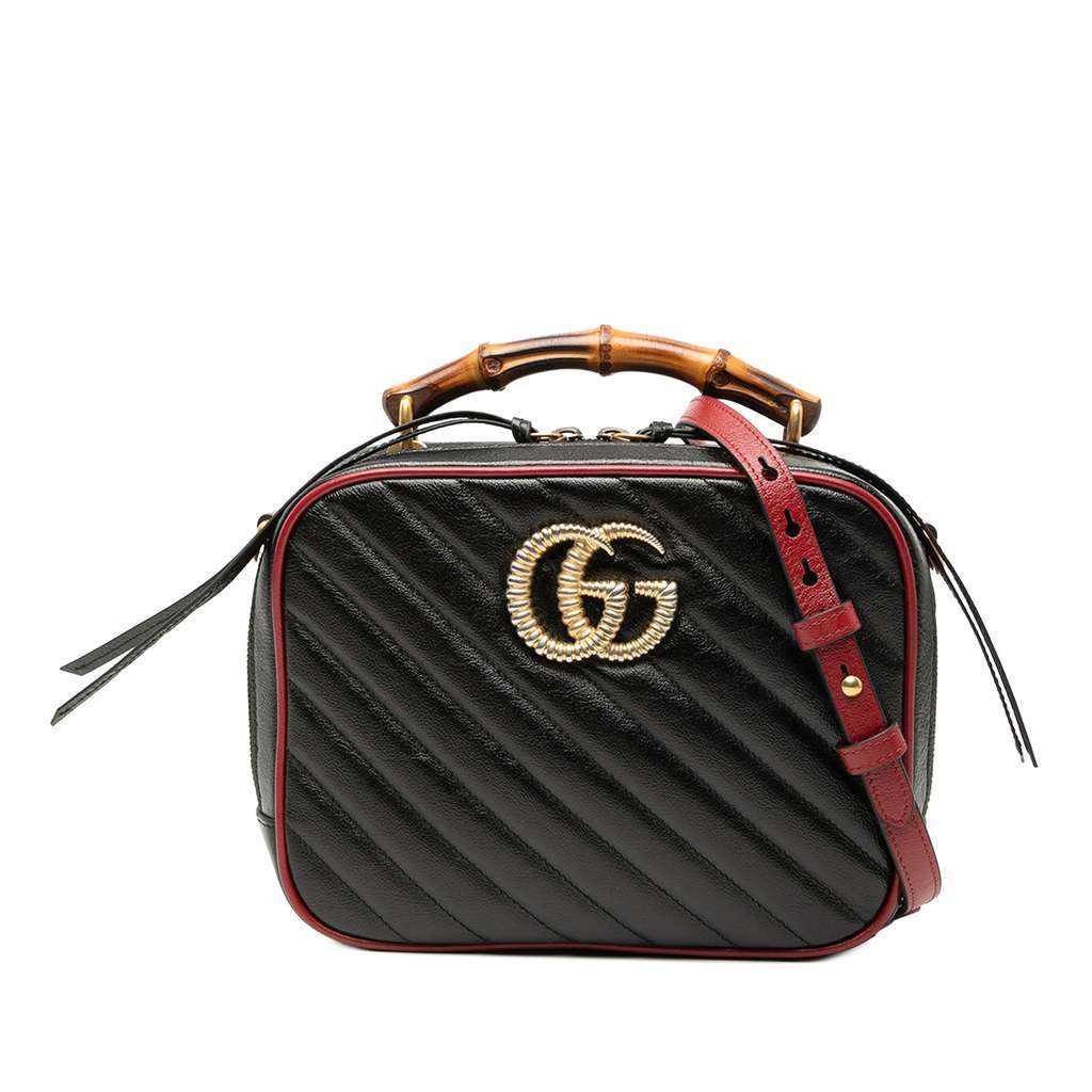 Gucci Small GG Marmont Matelasse Diagonal Leather Torchon Bamboo Satchel Black Leather Very good - Front View