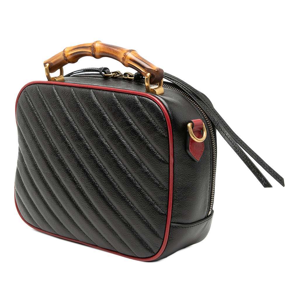 Gucci Small GG Marmont Matelasse Diagonal Leather Torchon Bamboo Satchel Black Leather Very good - Back View