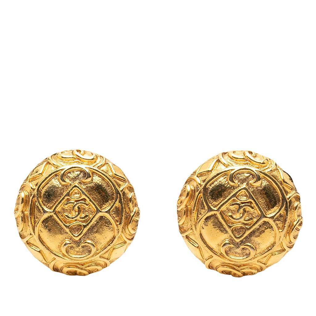 Chanel CC Gold Plated Round Clip On Earrings Gold Metal Very good - Front View