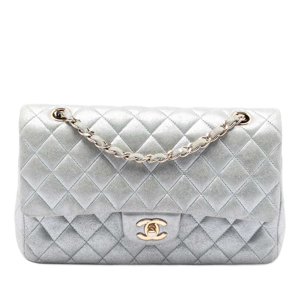 Chanel Medium Classic Metallic Lambskin Double Flap Silver Leather Very good condition - Front View