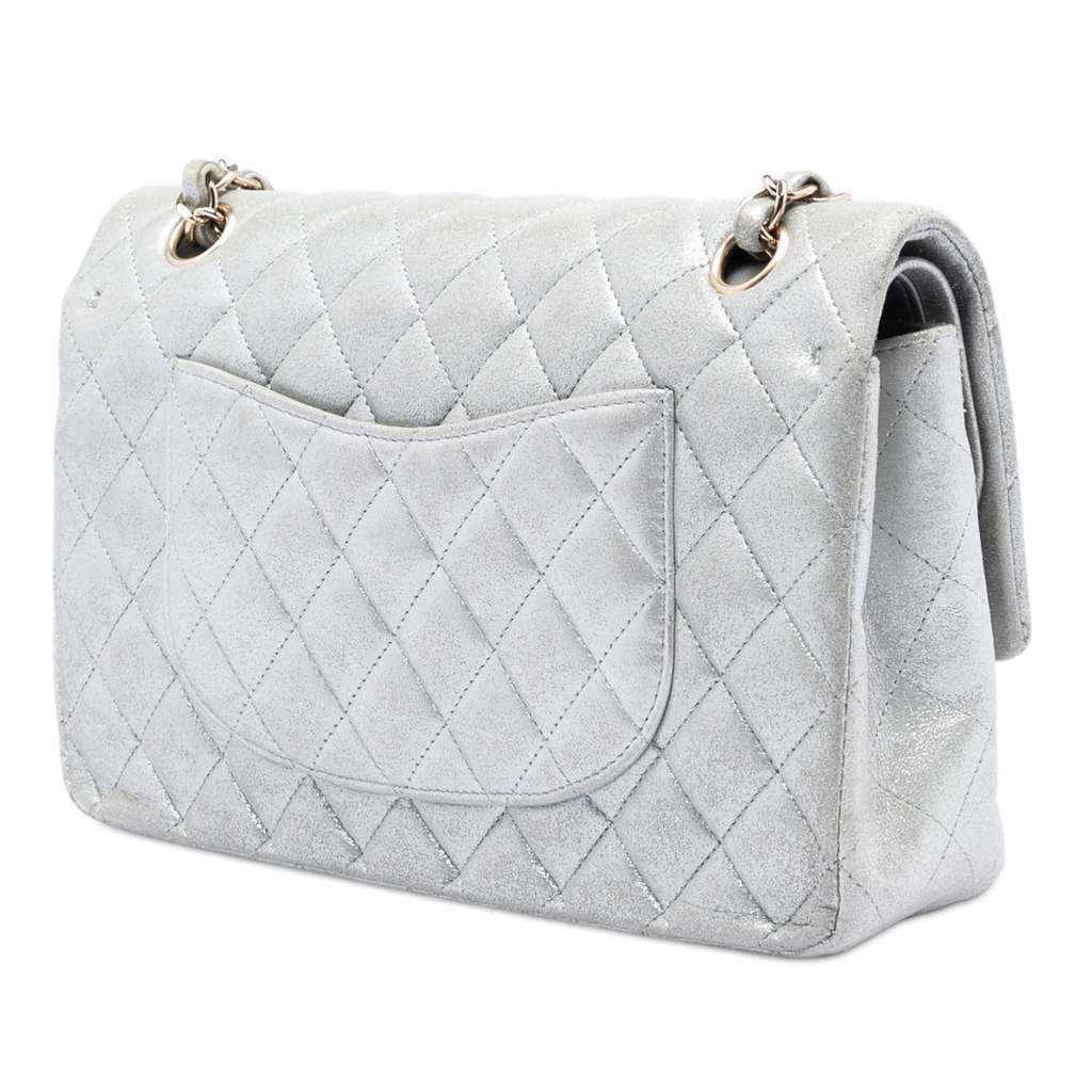Chanel Medium Classic Metallic Lambskin Double Flap Silver Leather Very good condition - Back View