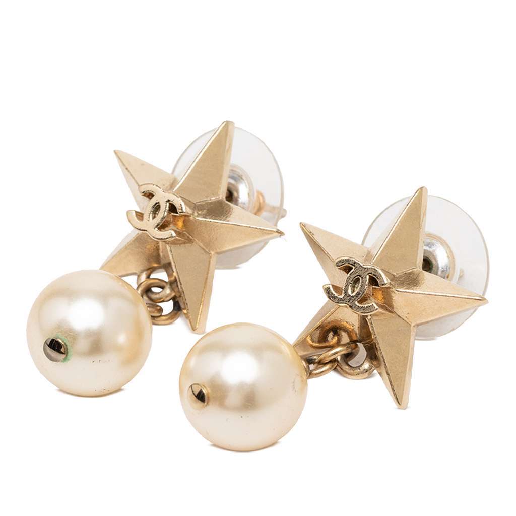 Chanel CC Gold Plated Faux Pearl Star Drop Push Back Earrings Gold Metal Very good - Front View