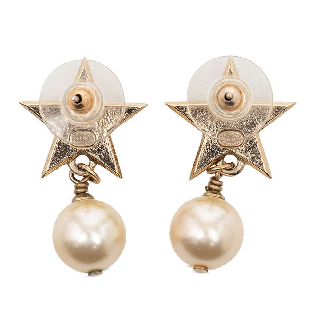 Chanel CC Gold Plated Faux Pearl Star Drop Push Back Earrings Gold Metal Very good - Back View