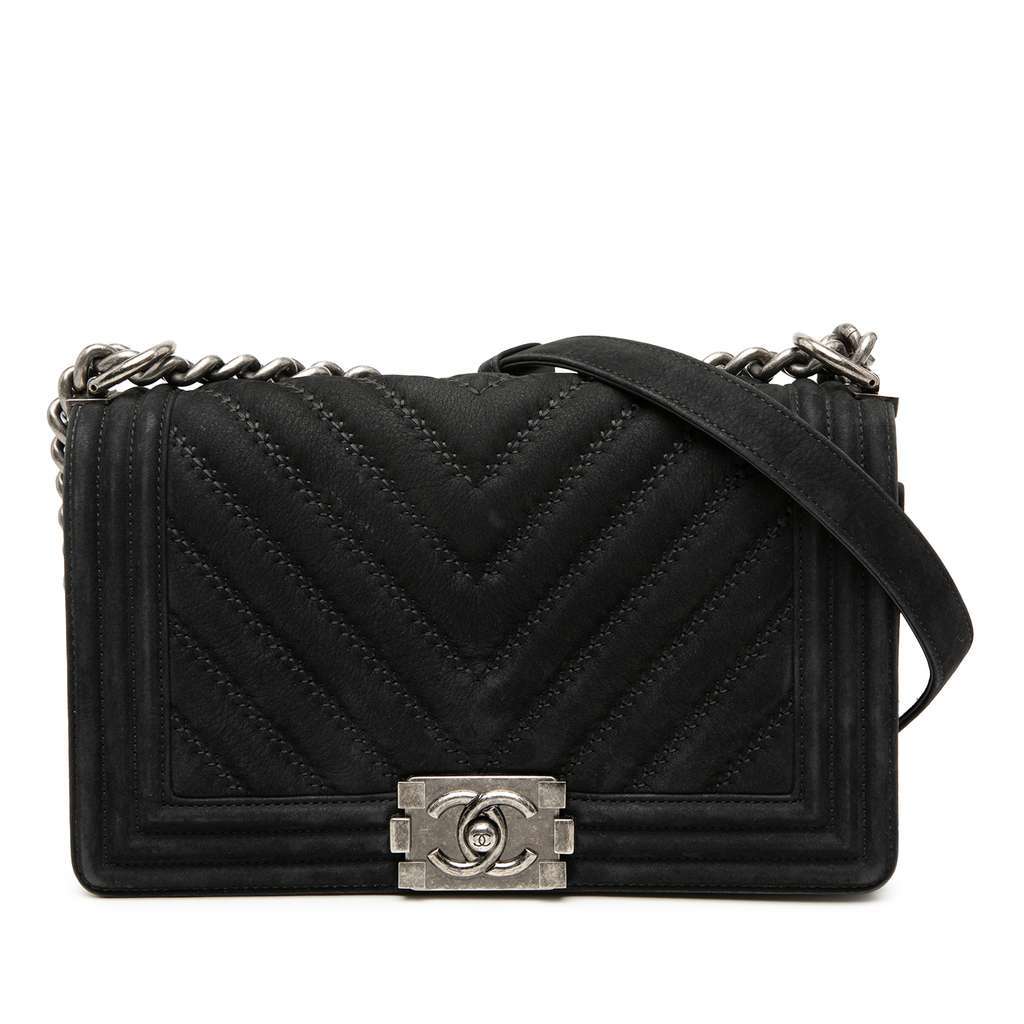Chanel Old Medium Chevron Suede Boy Flap Black Leather Very good - Front View