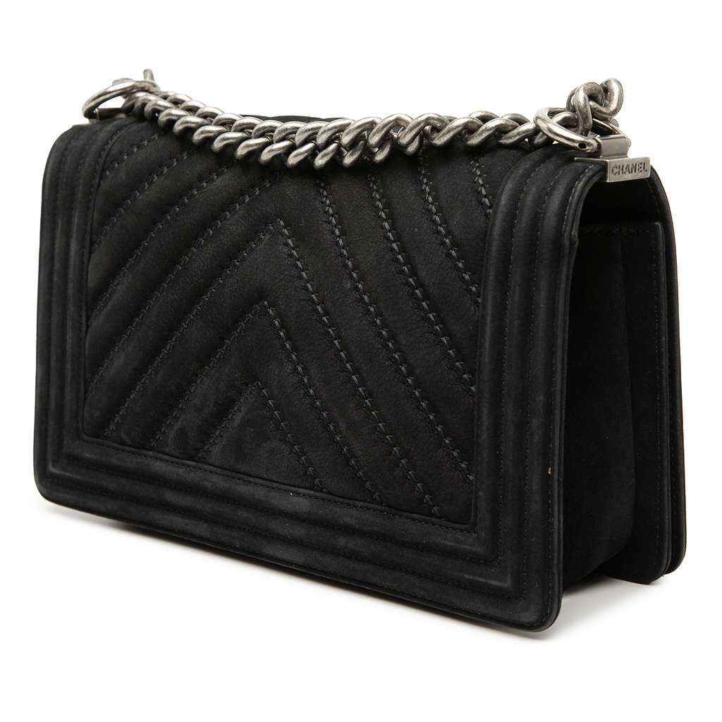 Chanel Old Medium Chevron Suede Boy Flap Black Leather Very good - Back View