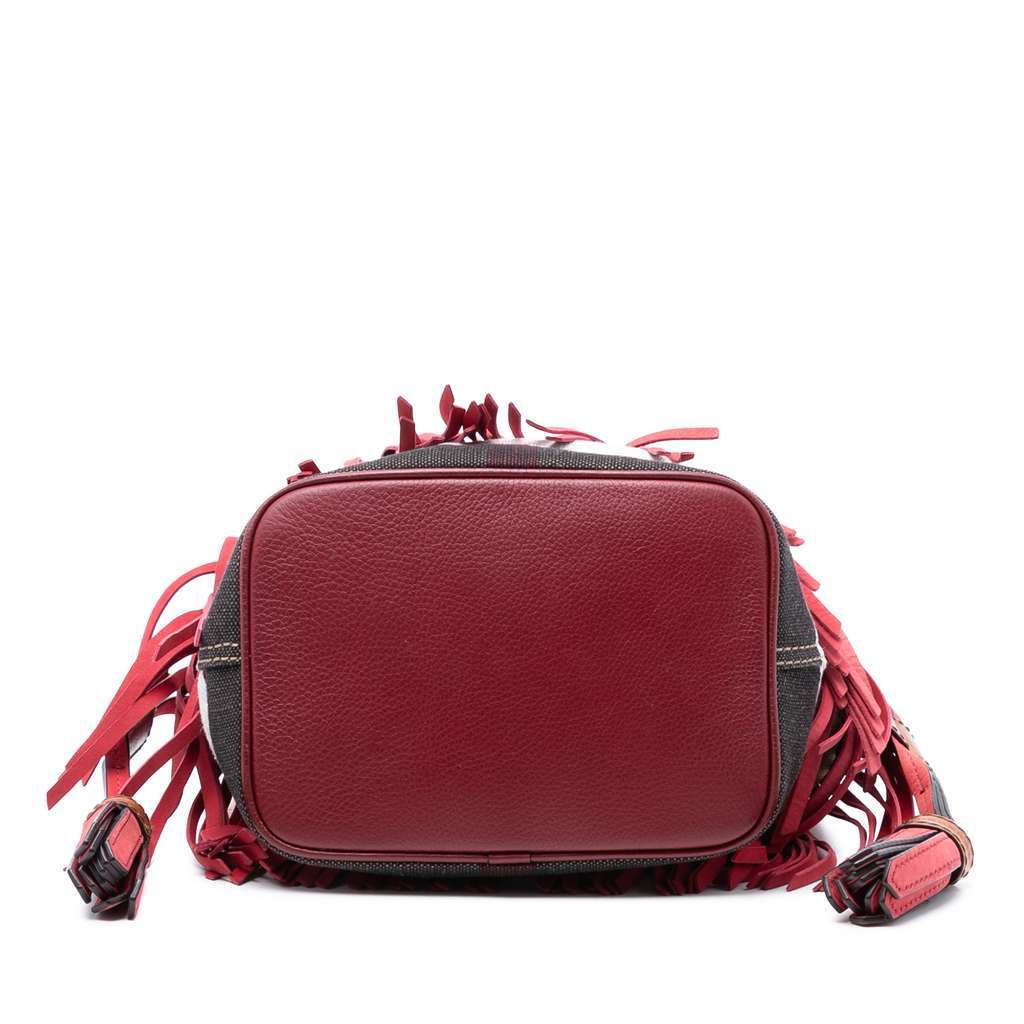 Burberry Small Mega Check Canvas and Suede Fringe Belgrove Bucket Bag Red Leather Very good condition - Inside View