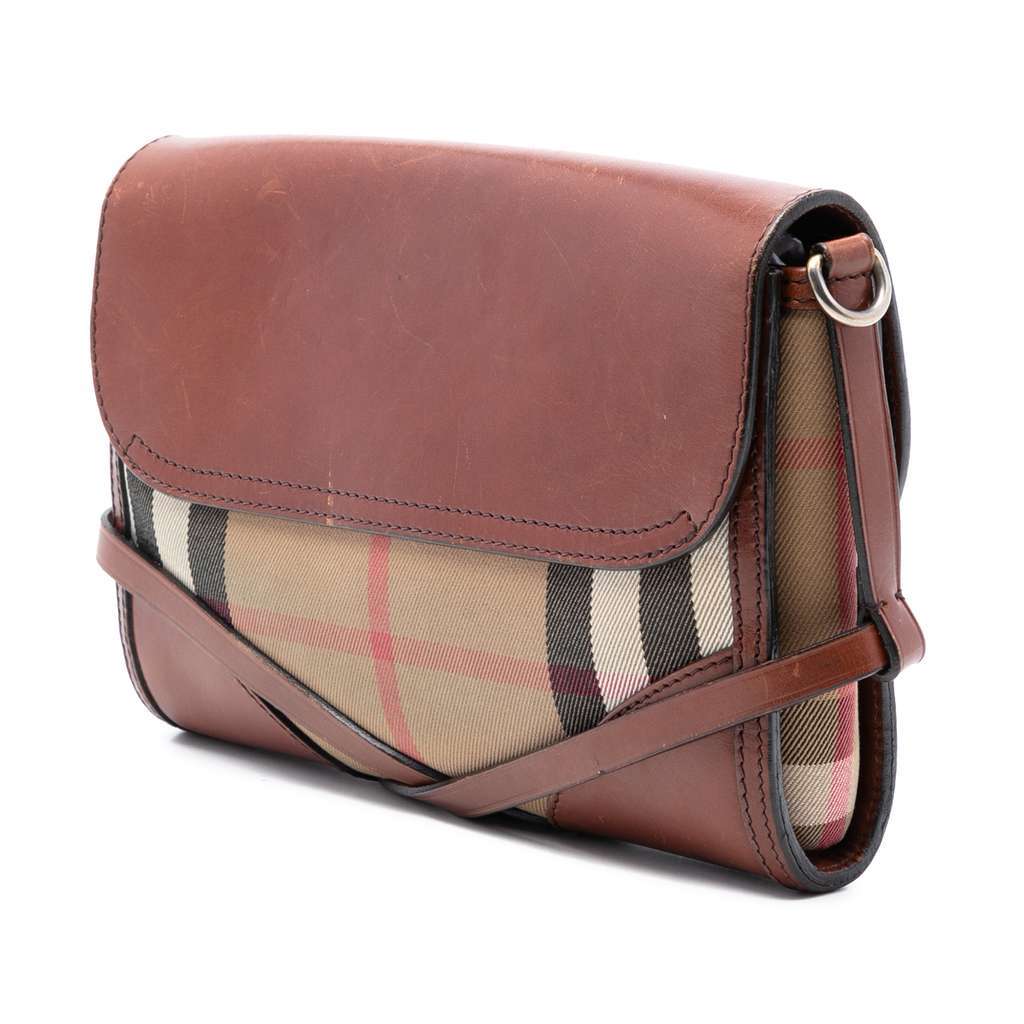 Burberry Leather and House Check Canvas Bridle Abbott Crossbody Brown Leather Very good condition - Back View