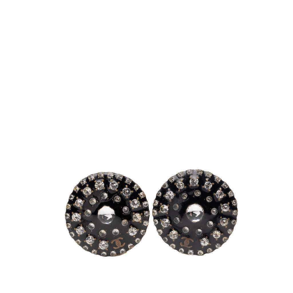 Chanel CC Resin and Crystal Round Clip On Earrings Black Very good - Front View