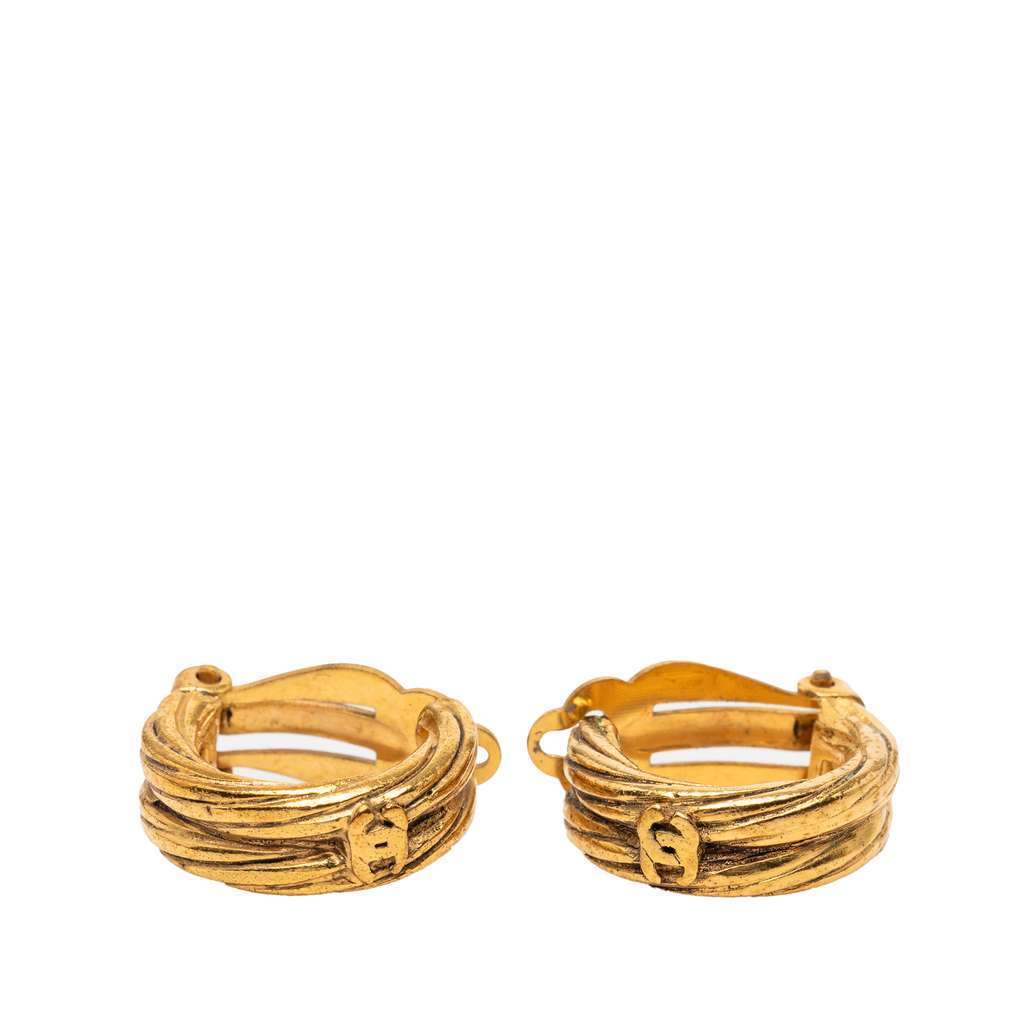 Chanel Gold Plated CC Hoop Clip On Earrings Gold Metal Very good - Front View
