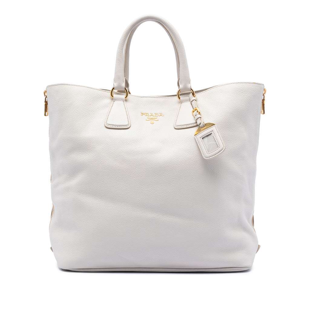 Prada Vitello Daino Side Zip Open Convertible Tote White Leather Very good condition - Front View
