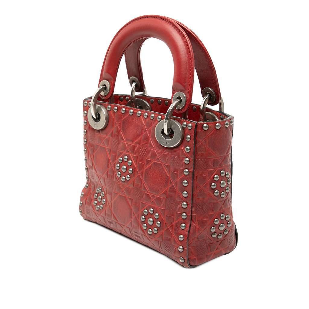 Dior Mini Embossed Calfskin Cannage Studded Flower Lady Dior Red Leather Very good condition - Back View