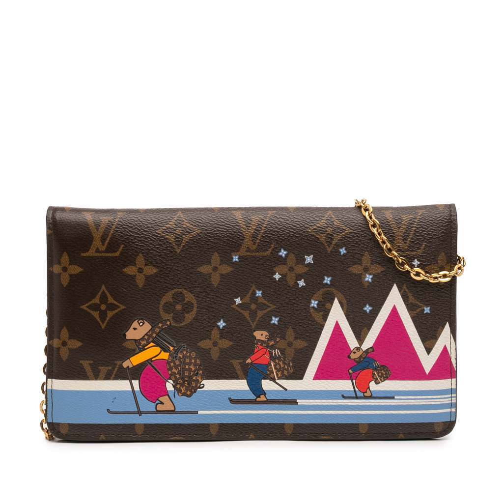 Louis Vuitton Monogram Christmas Animation Bears on Skis Pochette Weekend Chain Wallet Brown Very good - Front View