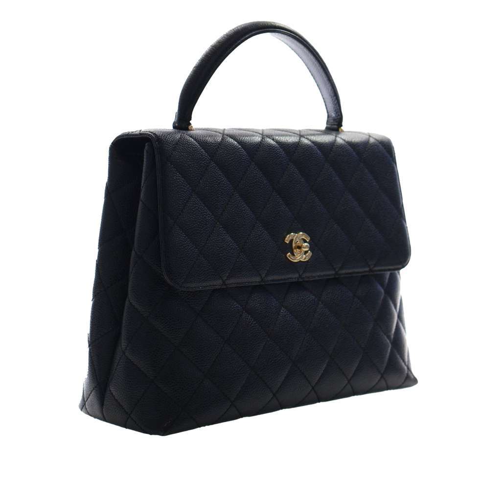 Chanel CC Quilted Caviar Kelly Top Handle Bag Black Leather Very good condition - Back View