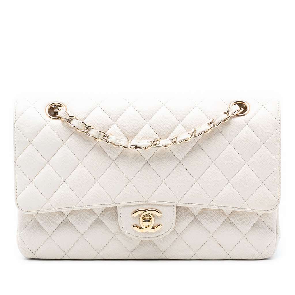 Chanel Medium Classic Caviar Double Flap White Leather Very good condition - Front View