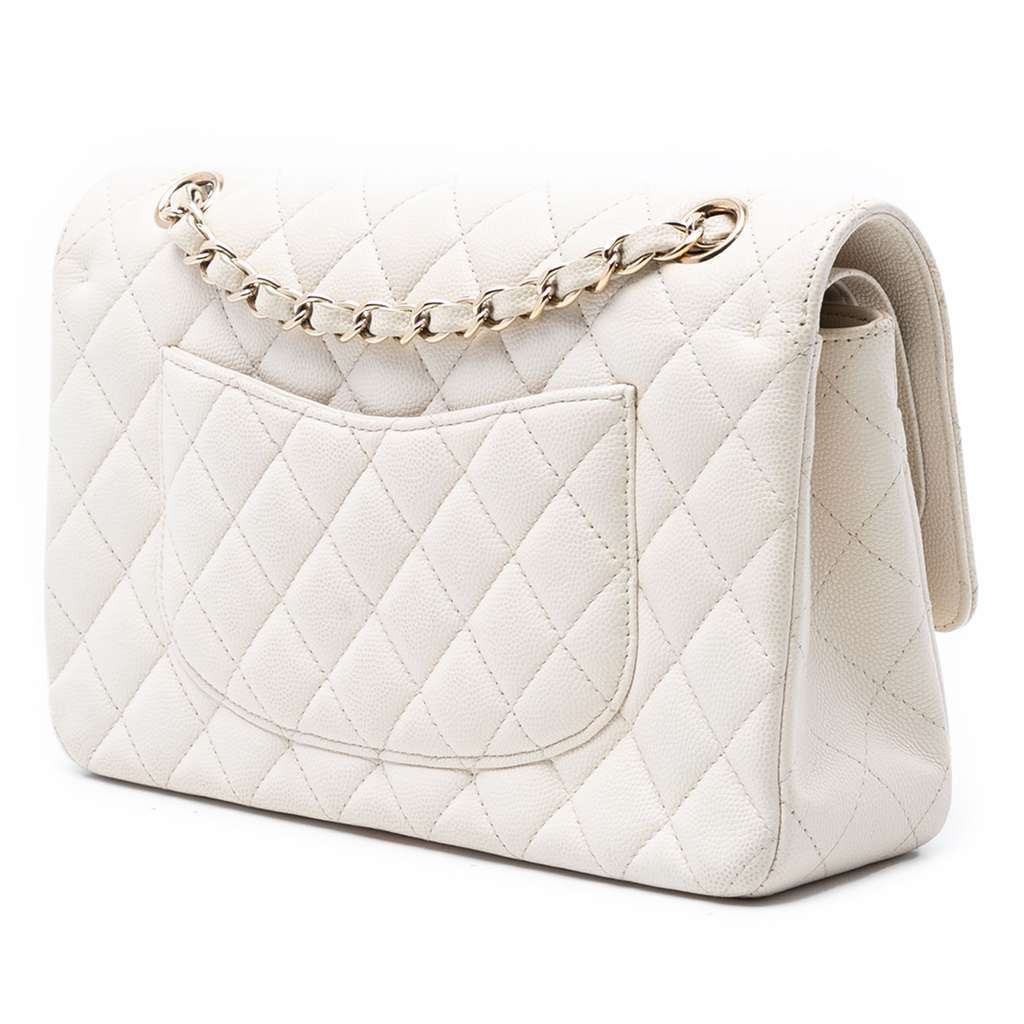Chanel Medium Classic Caviar Double Flap White Leather Very good condition - Back View