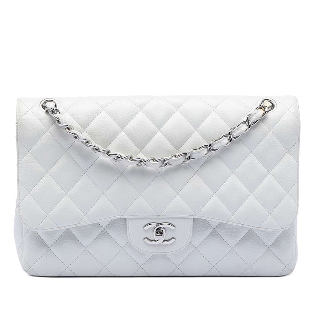 Chanel Jumbo Classic Caviar Double Flap White Leather Very good condition - Front View