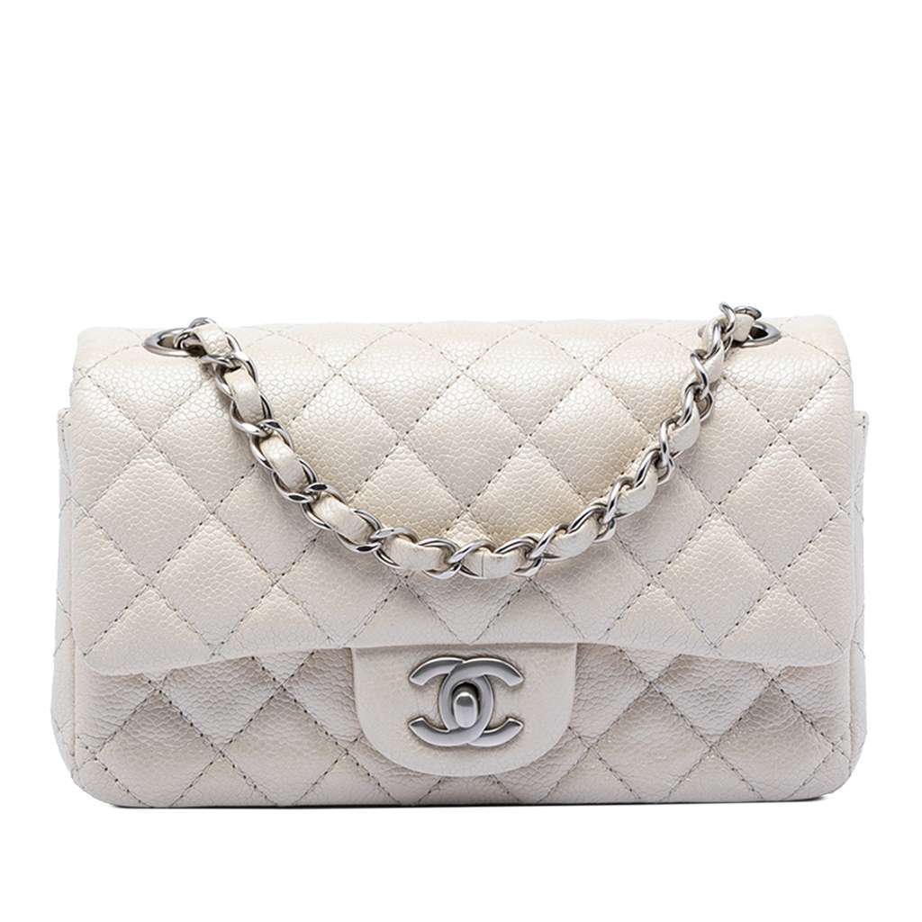 Chanel Mini Rectangular Classic Caviar Single Flap White Leather Very good condition - Front View
