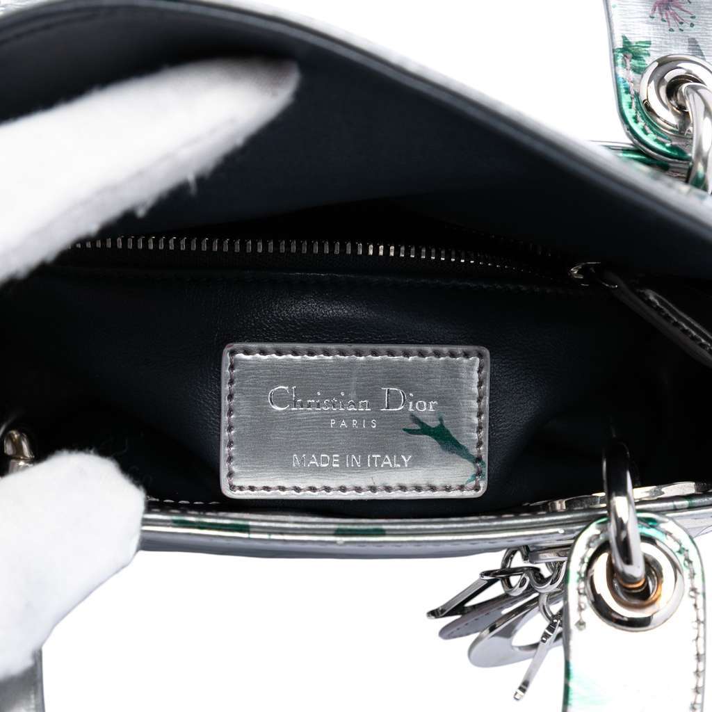 Dior Mini Metallic Lambskin Floral Printed Lady Dior Silver Leather Very good condition - Box View