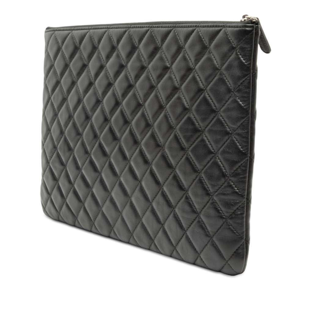 Chanel Large Quilted Lambskin Double Stitch O Case Clutch Black Leather Very good condition - Back View