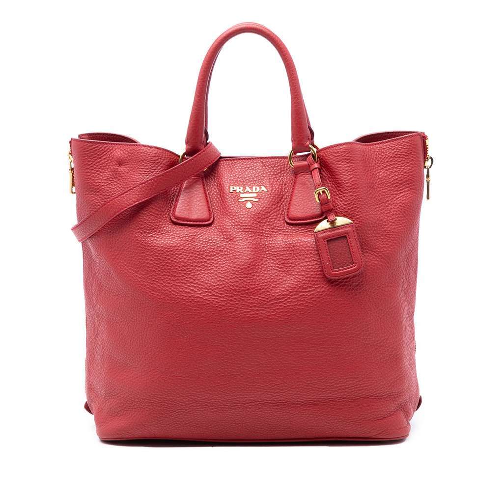 Prada Vitello Daino Side Zip Shopper Tote Red Leather Very good condition - Front View