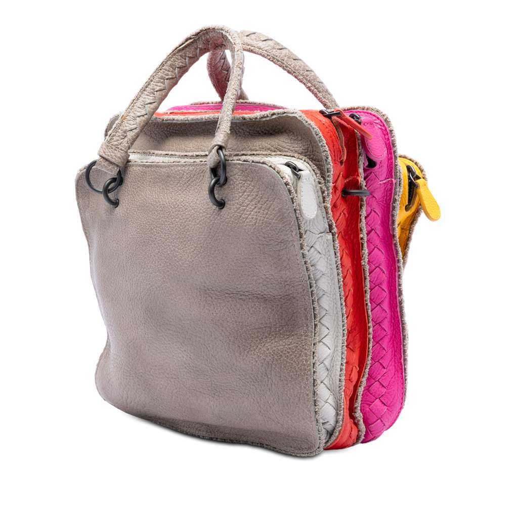 Bottega Veneta Multicolor Pebbled Leather Double Zip Satchel Brown Leather Very good condition - Back View
