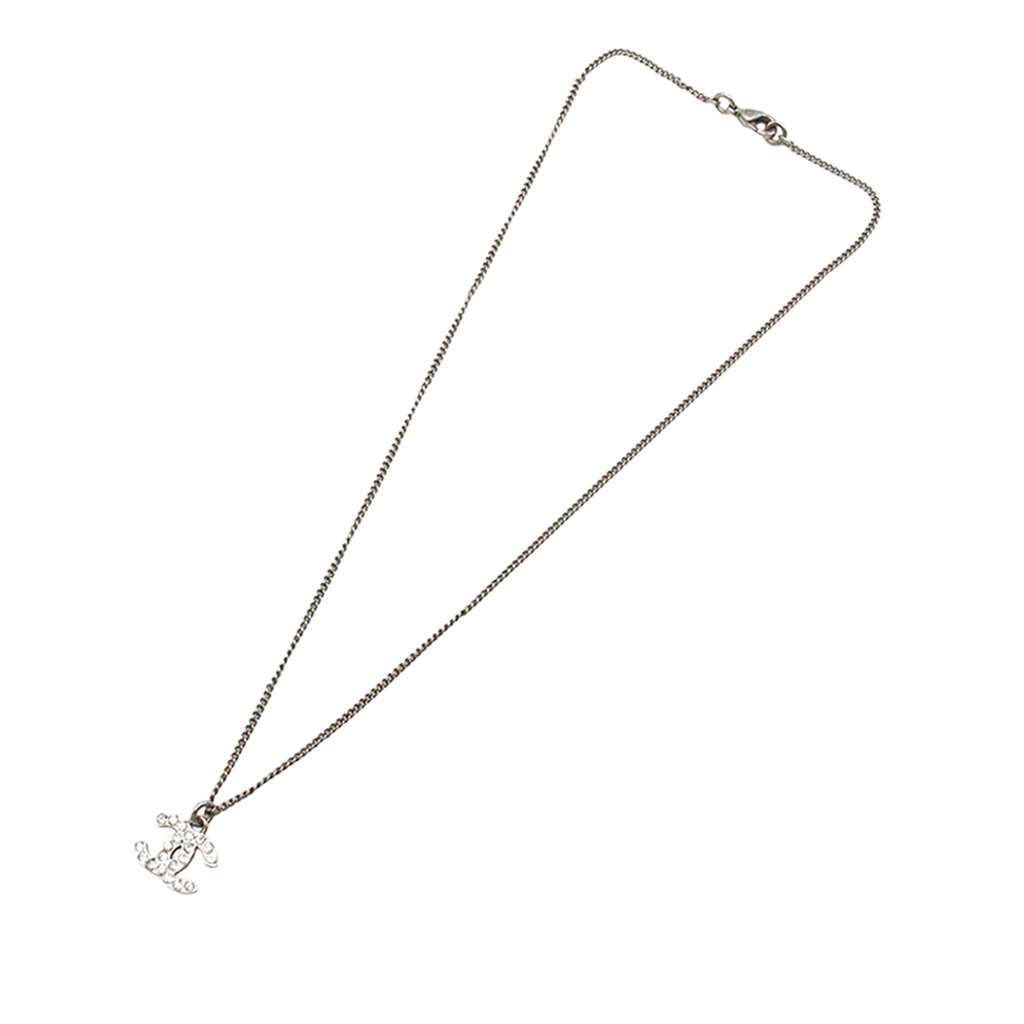 Chanel CC Silver Plated Rhinestone Pendant Necklace Silver Metal Very good condition - Front View