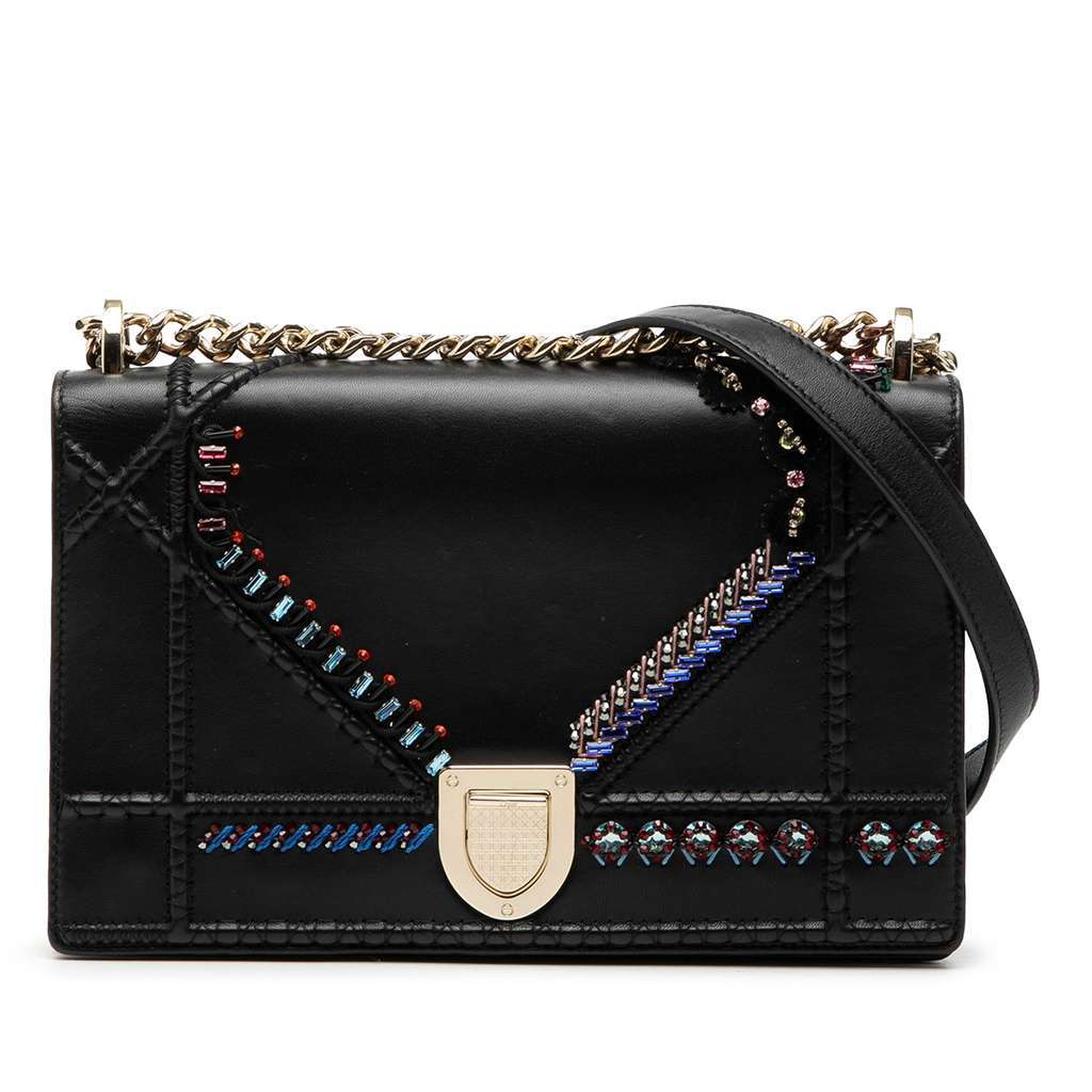 Dior Medium Calfskin Crystal Embroidered Diorama Flap Black Leather Good condition - Front View