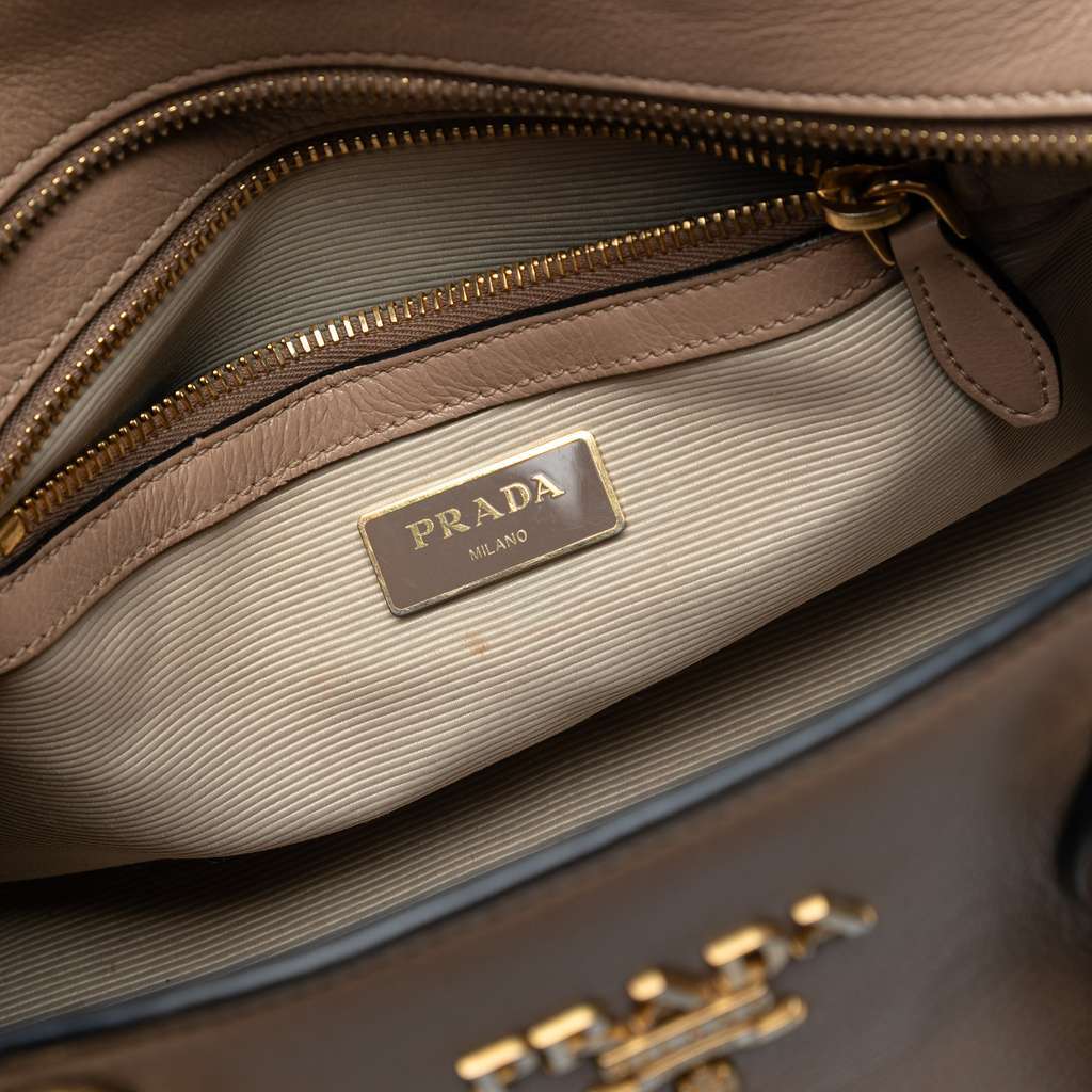 Prada Small City Calf Trimmed Saffiano Top Handle Bag Brown Leather Very good condition - Box View
