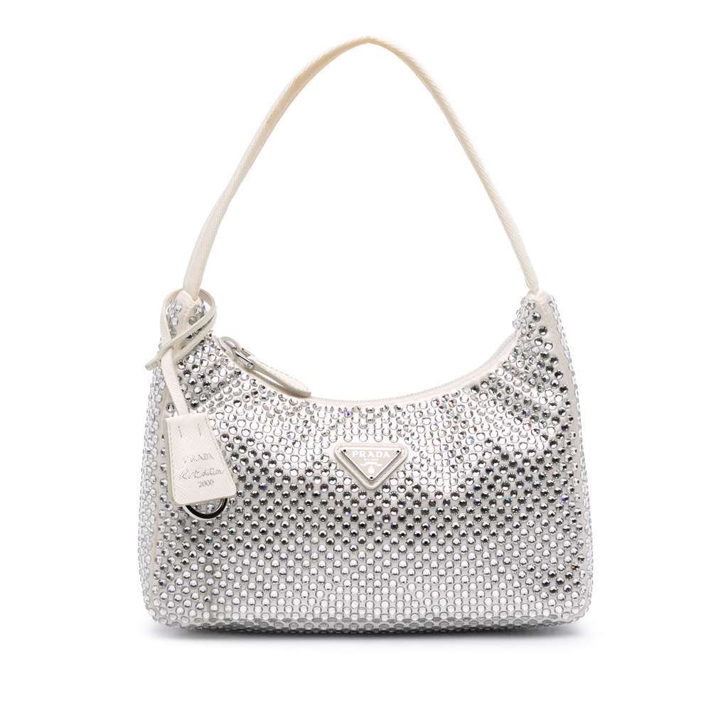 Prada Mini Satin Crystal Re-Edition 2000 Shoulder Bag White Satin Very good condition - Front View