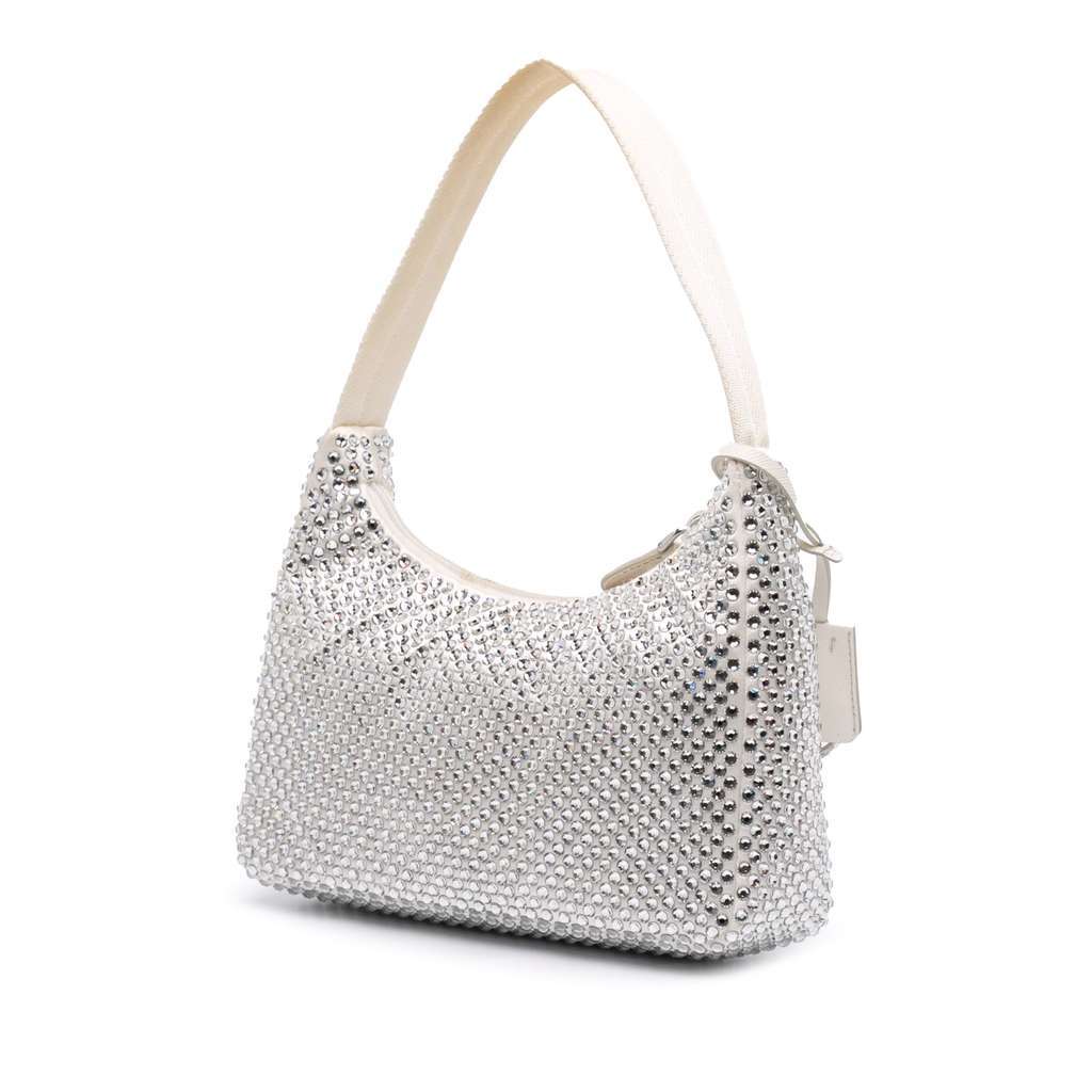 Prada Mini Satin Crystal Re-Edition 2000 Shoulder Bag White Satin Very good condition - Back View
