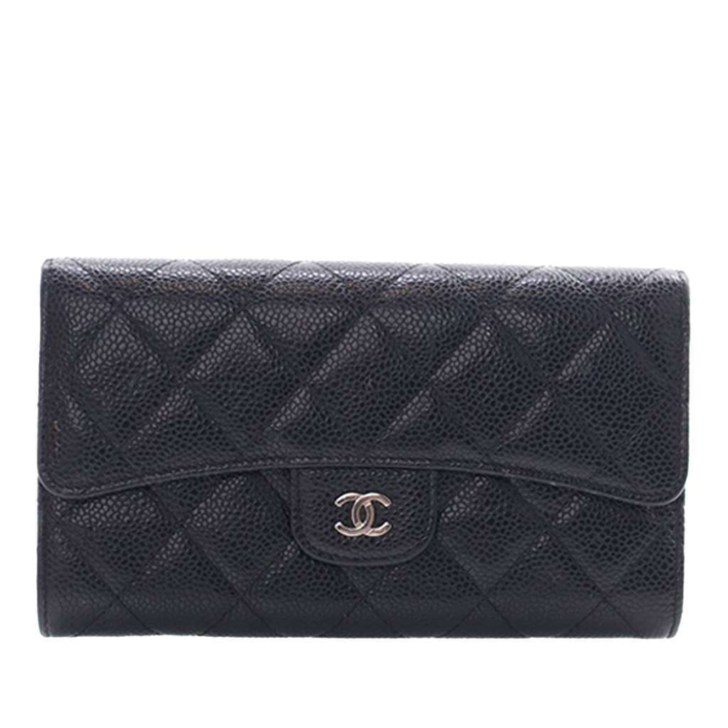 Chanel CC Caviar Classic Long Flap Wallet Black Leather Very good condition - Front View