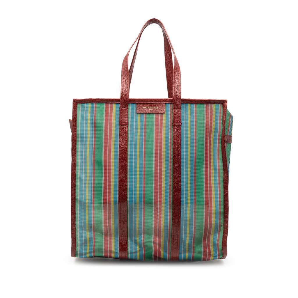 Balenciaga M Striped Mesh Bazar Shopper Satchel Green Polyester Very good condition - Front View