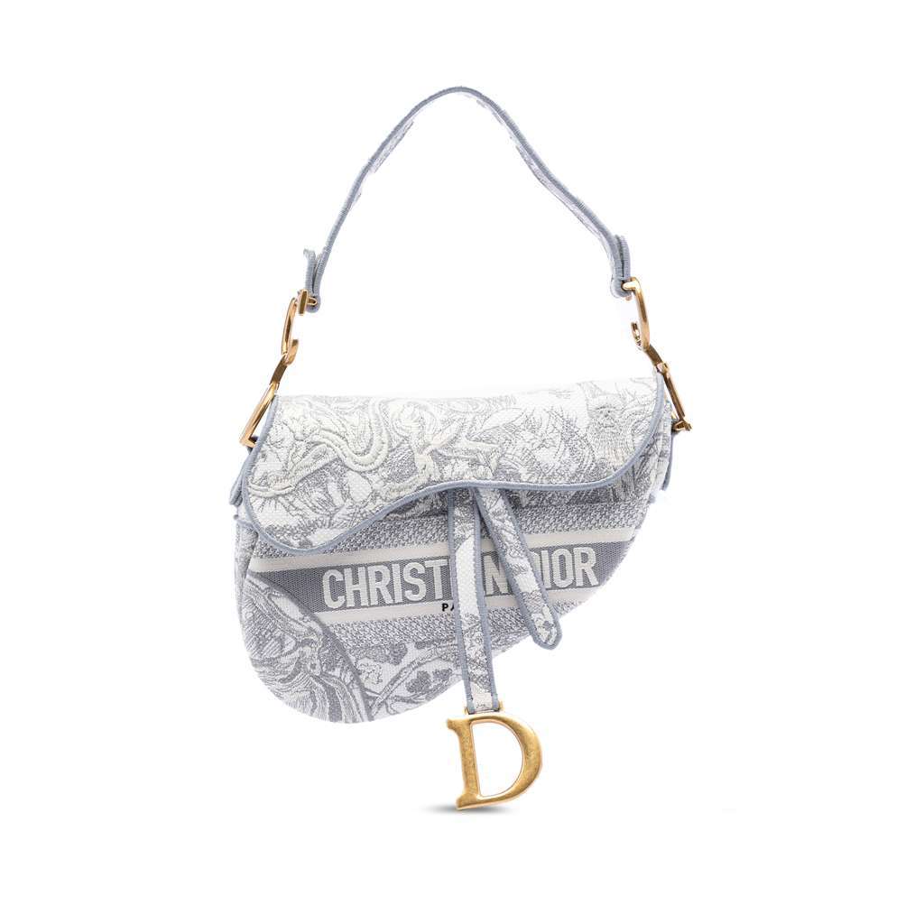 Dior Canvas Embroidered Toile de Jouy Saddle Bag Grey Canvas Very good condition - Front View