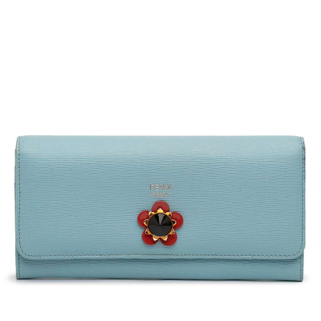 Fendi Leather Flowerland Continental Long Wallet Blue Leather Very good condition - Front View