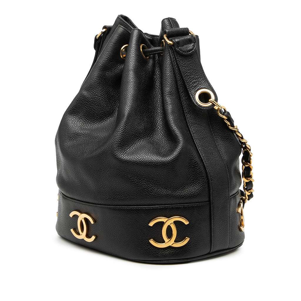 Chanel Caviar Triple CC Drawstring Bucket Bag Black Leather Very good condition - Back View