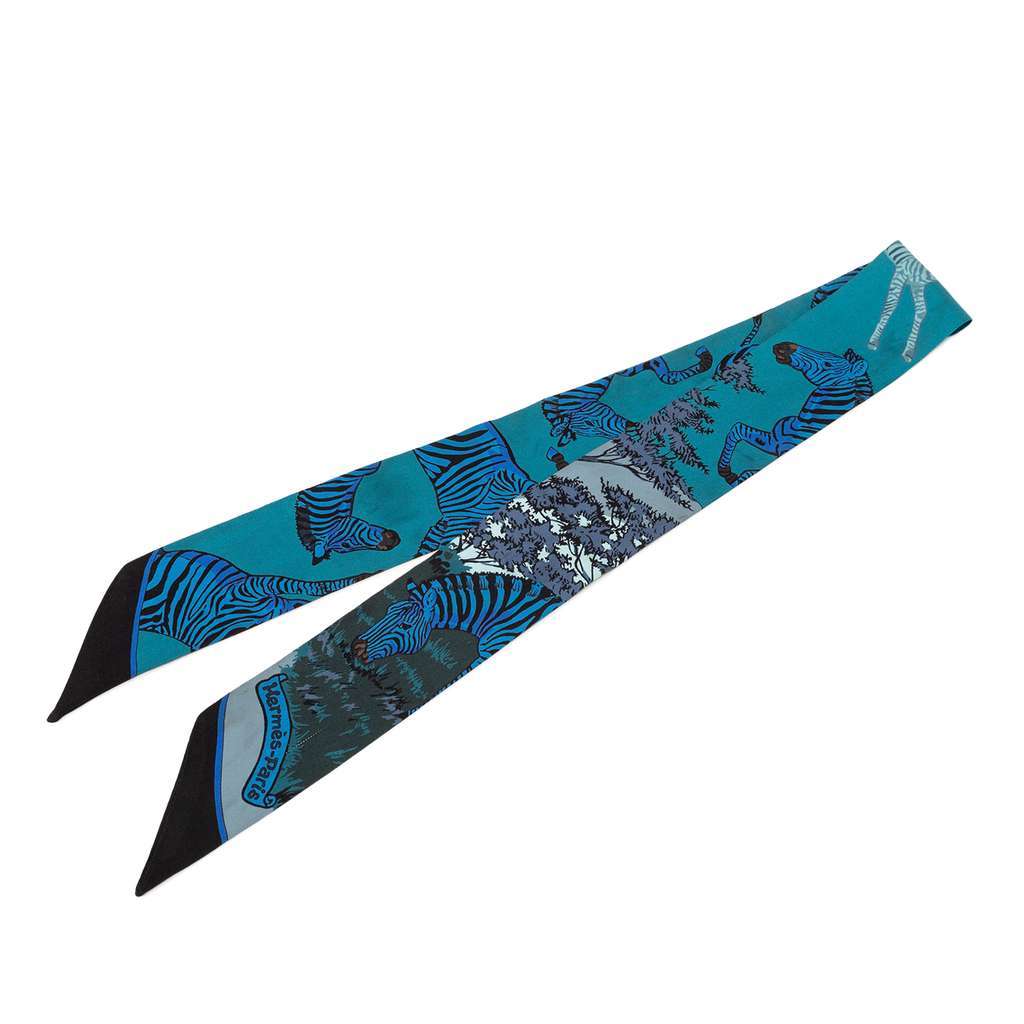 Hermès Les Zebres Silk Twilly Scarf Blue Silk Very good condition - Front View